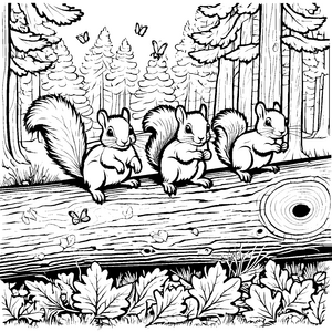 Bezaubernde Eichhörnchen Babys auf dem Baumstamm Malvorlage für kleine Naturfreunde