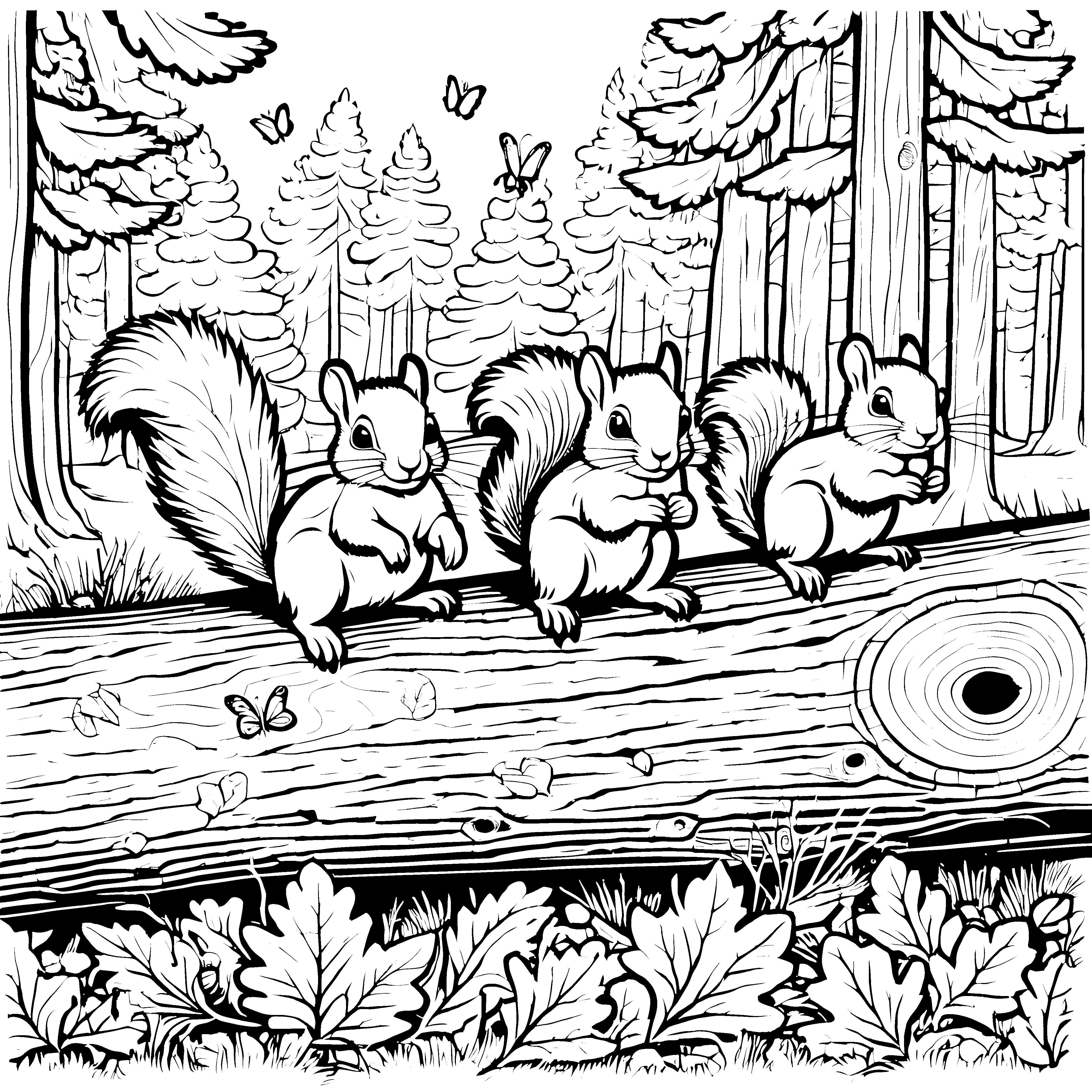 Bezaubernde Eichhörnchen Babys auf dem Baumstamm Malvorlage für kleine Naturfreunde