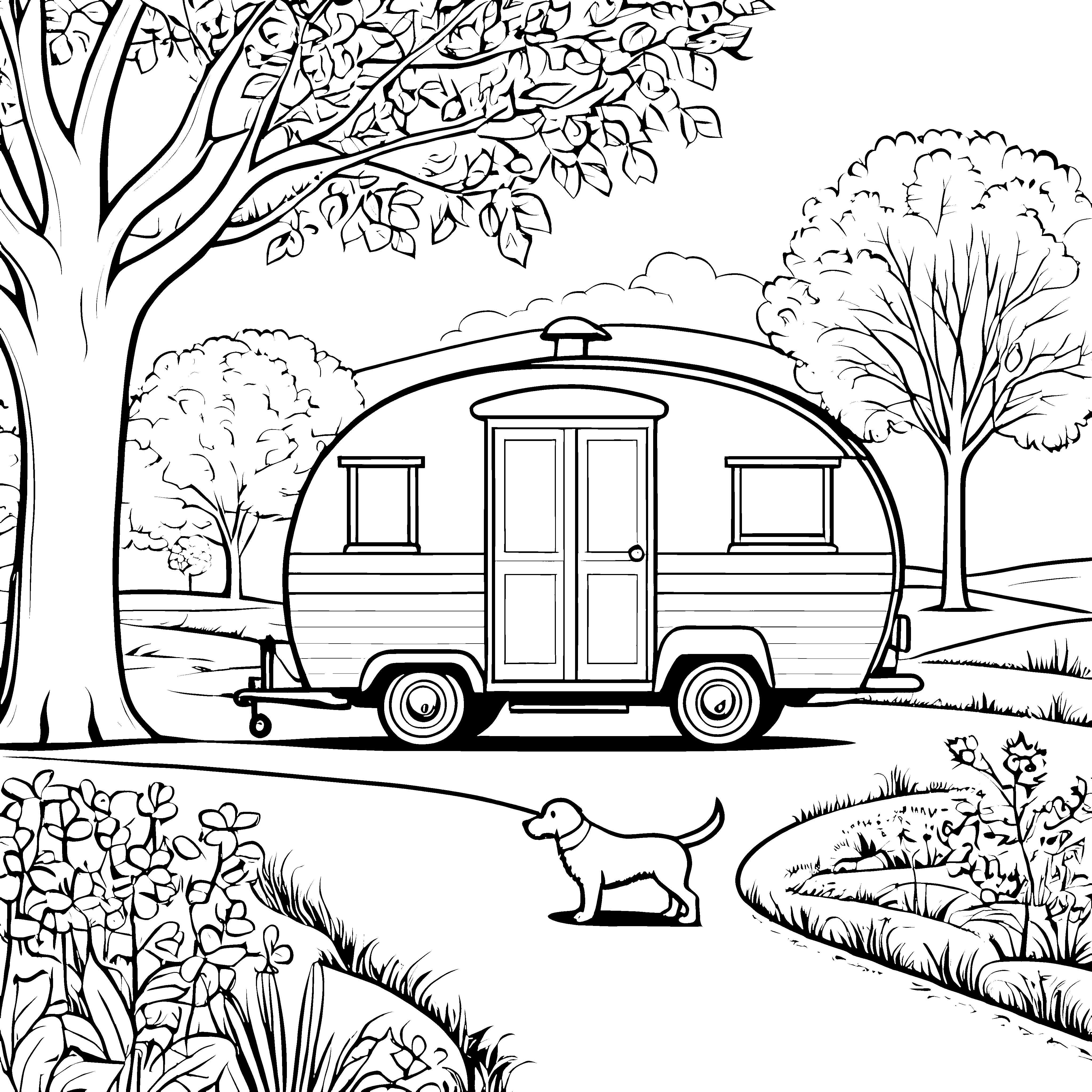 Charmanter Wohnwagen im blühenden Park Ausmalvorlage für neugierige Entdecker