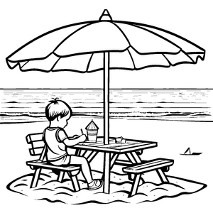 Kreatives Kind unter dem bunten Sonnenschirm Ausmalvorlage für neugierige Strandentdecker