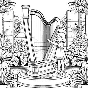 Wundervolle Harfe umgeben von blühenden Pflanzen Ausmalvorlage für kleine Musikfreunde