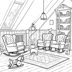 Gemütliche Schmusekatze im heimeligen Dachzimmer Ausmalvorlage für entspannte Künstler