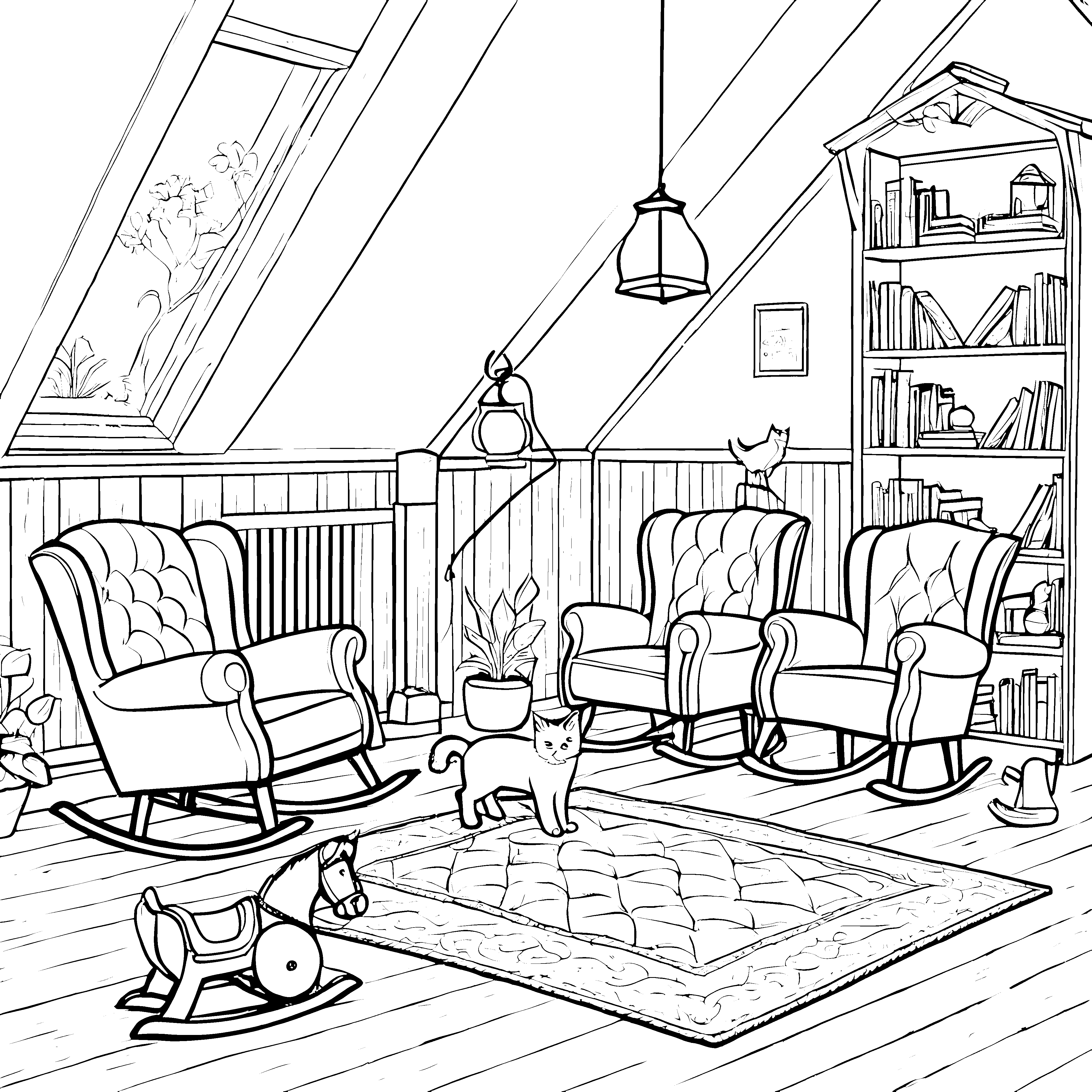 Gemütliche Schmusekatze im heimeligen Dachzimmer Ausmalvorlage für entspannte Künstler