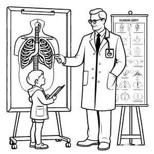 Wissbegieriger Junge lernt beim Arzt über den Körper Ausmalvorlage für neugierige Gesundheitsentdecker