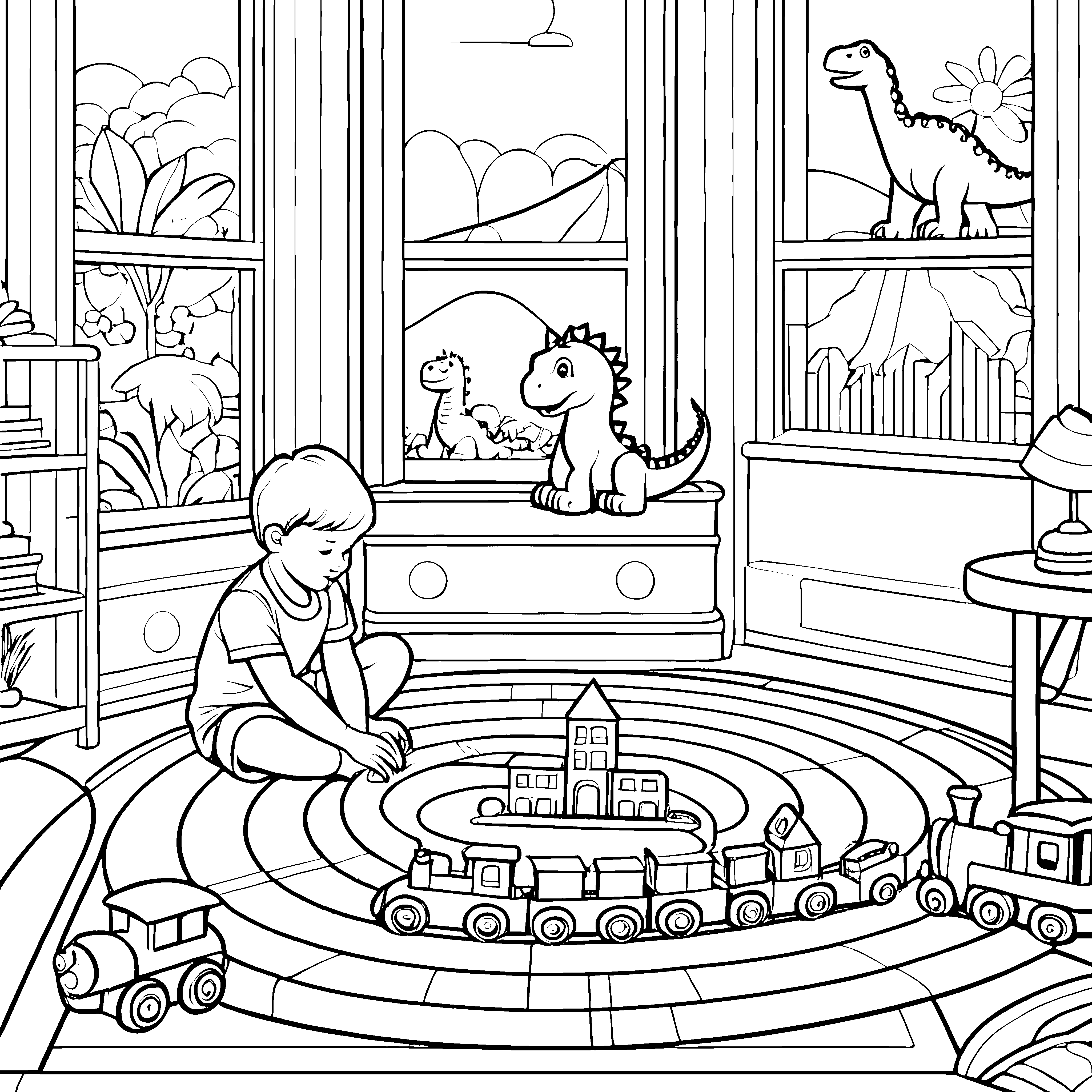 Fantasievolle Dinos und spielende Kinder im Zimmer Ausmalbild für neugierige Entdecker