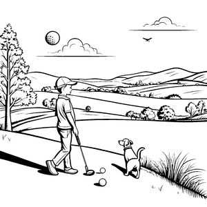Junger Golfspieler mit seinem treuen Hund Malbild für kleine Sportenthusiasten