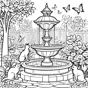 Drei neugierige Schmusekatzen am sprudelnden Brunnen Ausmalvorlage für entspannte Tierliebhaber