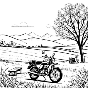 Kreatives Moped-Abenteuer in der malerischen Landschaft Ausmalvorlage für junge Entdecker