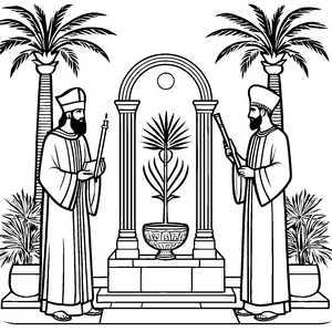 Zauberhafte Priesterzeremonie unter Palmen Ausmalmotiv für neugierige Geschichtsentdecker