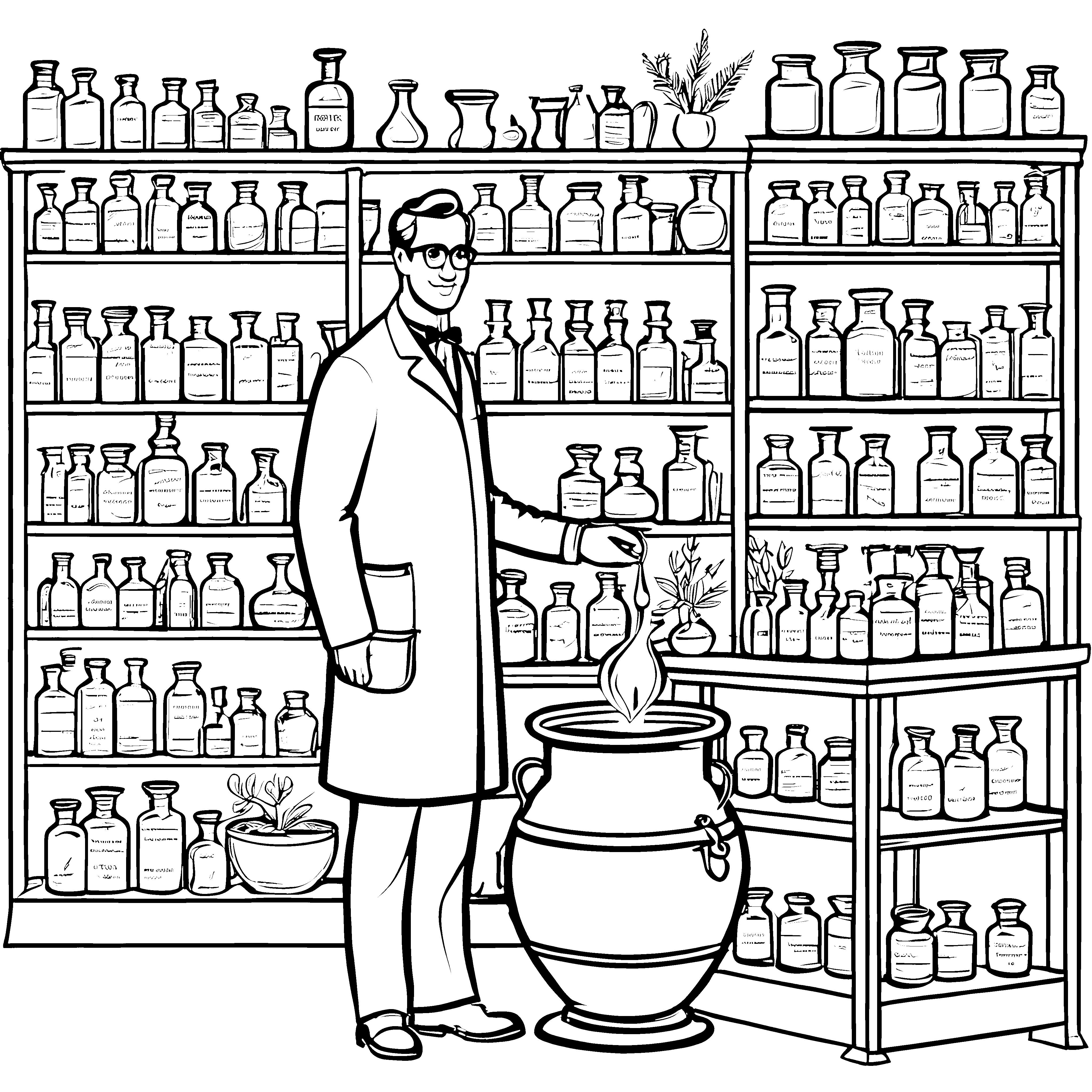 Kreativer Apotheker bei spannender Experimentierarbeit Ausmalvorlage für neugierige Nachwuchs-Wissenschaftler