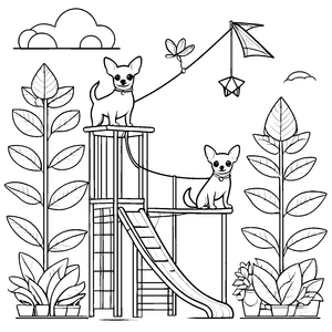 Zwei neugierige Chihuahuas auf dem Spielplatz Ausmalvorlage für kleine Abenteuerer