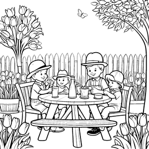 Fröhliche Kinder mit bunten Hüten am Tisch Ausmalbild für kreative Entdecker