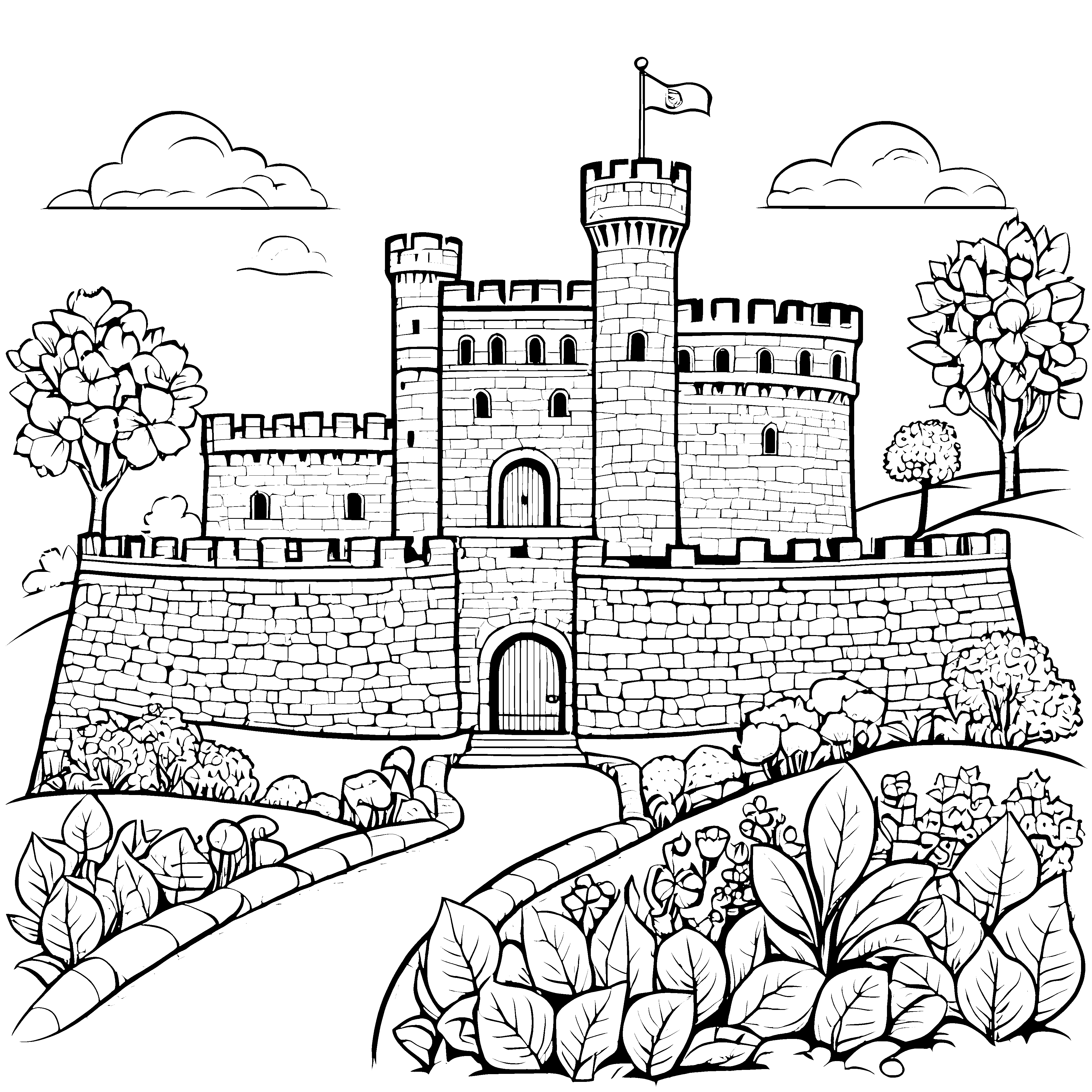 Majestätische Burg mit blühendem Garten Ausmalbild für mutige kleine Ritter