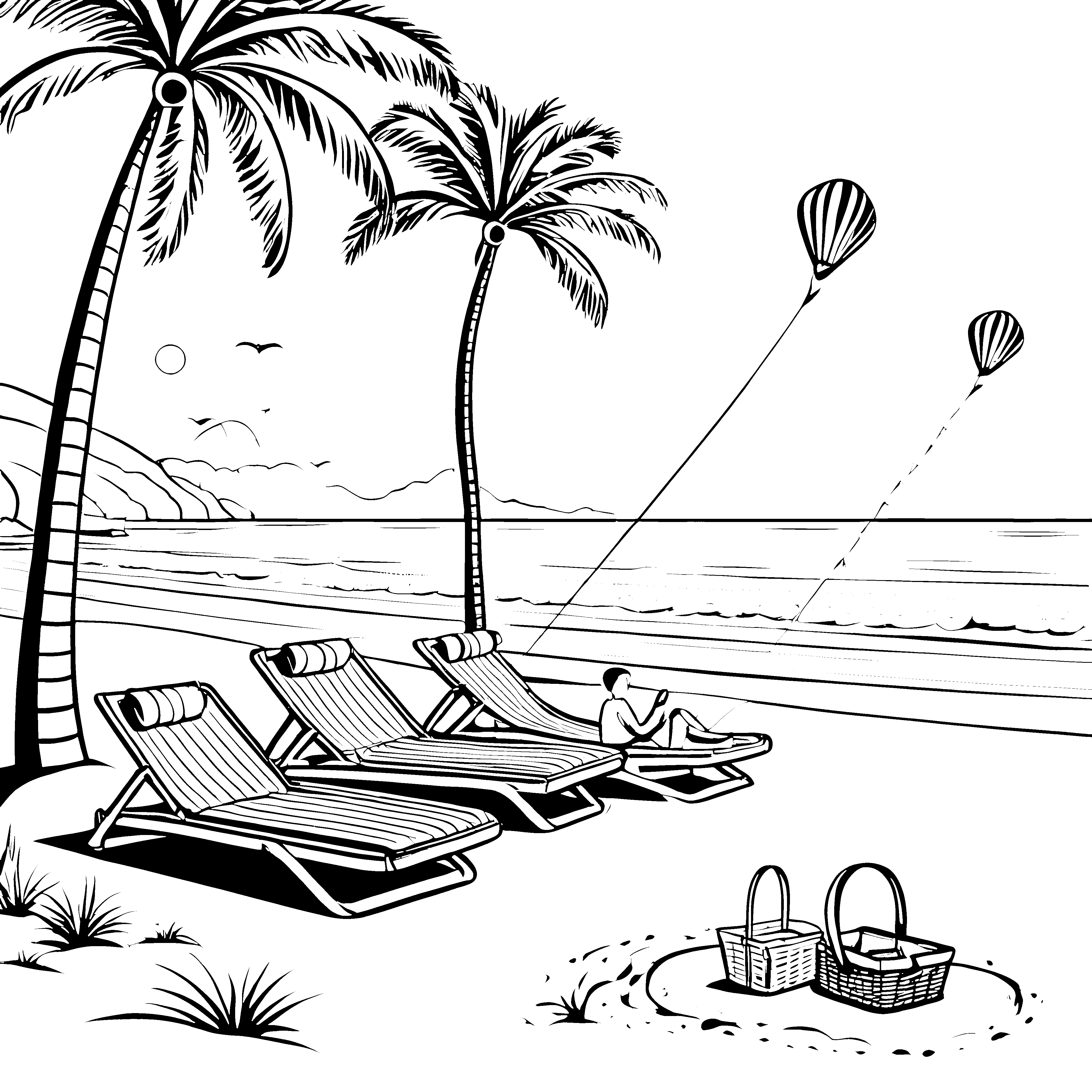 Strandliege unter Palmen mit Picknick Ausmalbild für entspannte Sonnenliebhaber