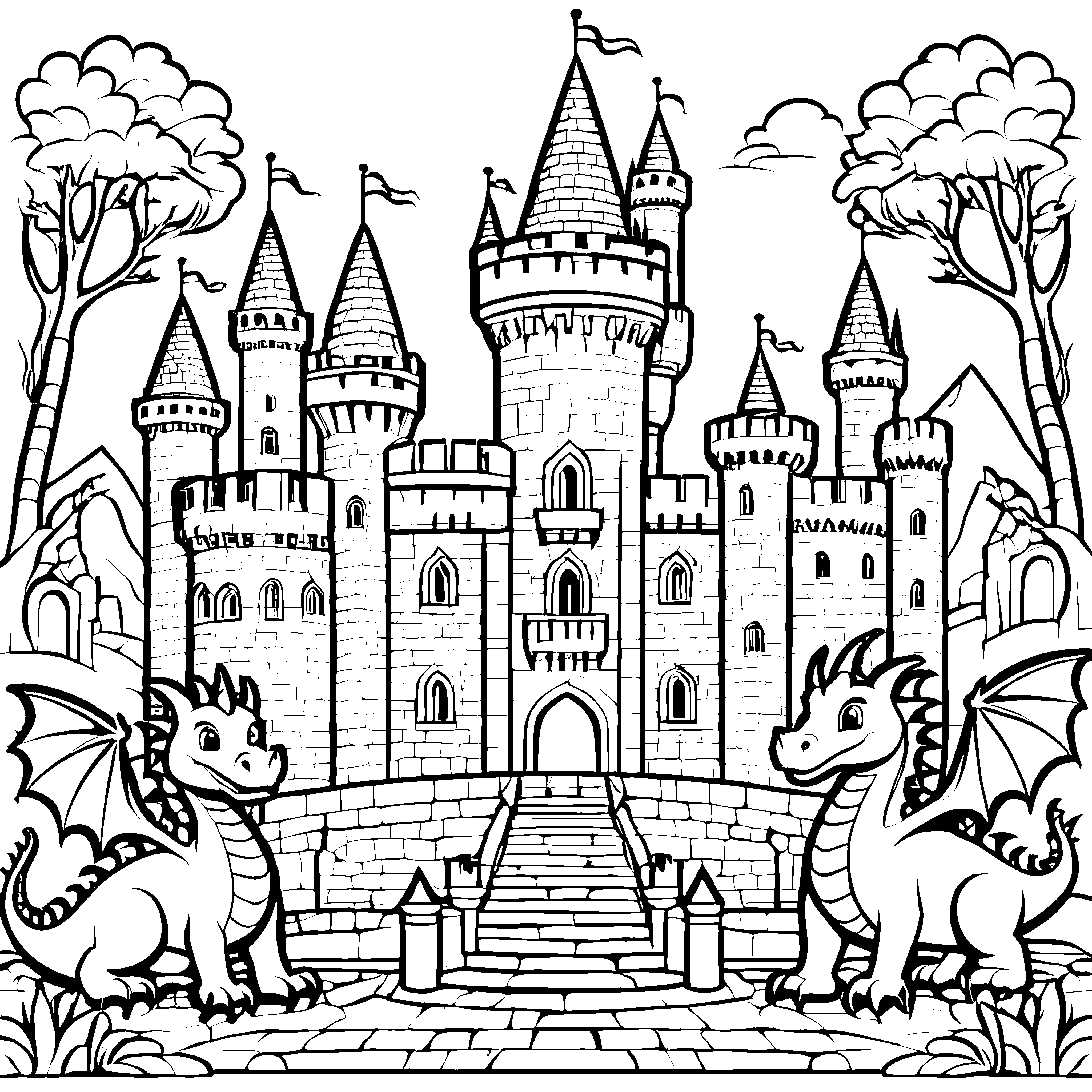 Fantasievolle Burg mit neugierigen Drachen Ausmalvorlage für mutige kleine Künstler