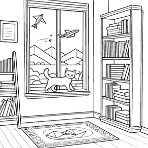 Kreativer Bücherschrank mit neugieriger Katze Ausmalmotiv für fantasievolle Leseratten