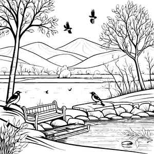 Schicke Elstern am ruhigen Teich Ausmalvorlage für kleine Naturabenteurer