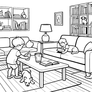 Lebhafter Couchtisch mit zwei neugierigen Kindern Ausmalvorlage für kreative Entdecker