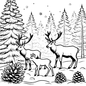 Verspielte Rentierbabys im verschneiten Wald Ausmalvorlage für kleine Winterfreunde