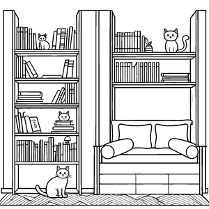 Verspielte Kätzchen auf bunten Bücherregalen Ausmalmotiv für tierfreundliche Leseratten
