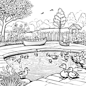 Fröhlicher Zaun mit schwimmenden Enten Malvorlage für abenteuerliche Wasserratten