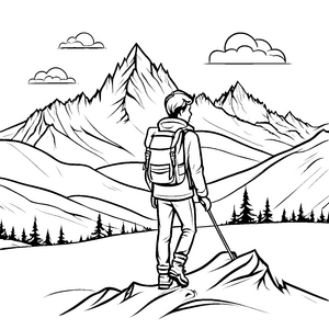 Faszinierende Berglandschaft mit mutigem Wanderer Ausmalbild für kleine Entdecker
