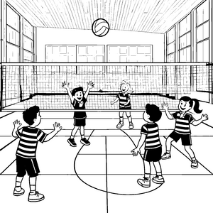 Begeisterte Volleyballspieler beim Punktspiel Ausmalvorlage für aktive Sportskanonen