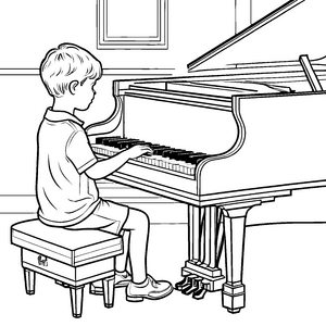 Begeisterter Junge spielt melodische Klavierstücke Ausmalvorlage für kreative Musikliebhaber