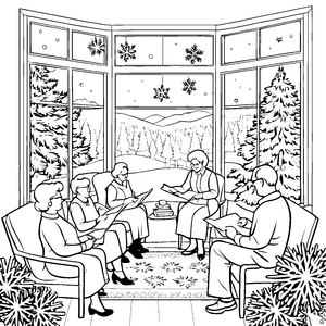 Gemütliche Weihnachtslesestunde im Seniorenheim Ausmalbild für herzenswarme Entdecker