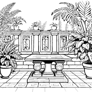 Eleganter Antiker Tisch im Gartenparadies Ausmalbild für phantasievolle Entdecker