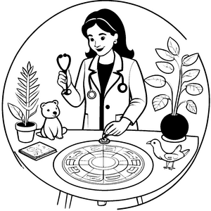 Ärztin mit Stethoskop und fröhlichem Spielzeugbären Ausmalvorlage für kleine Tierliebhaber