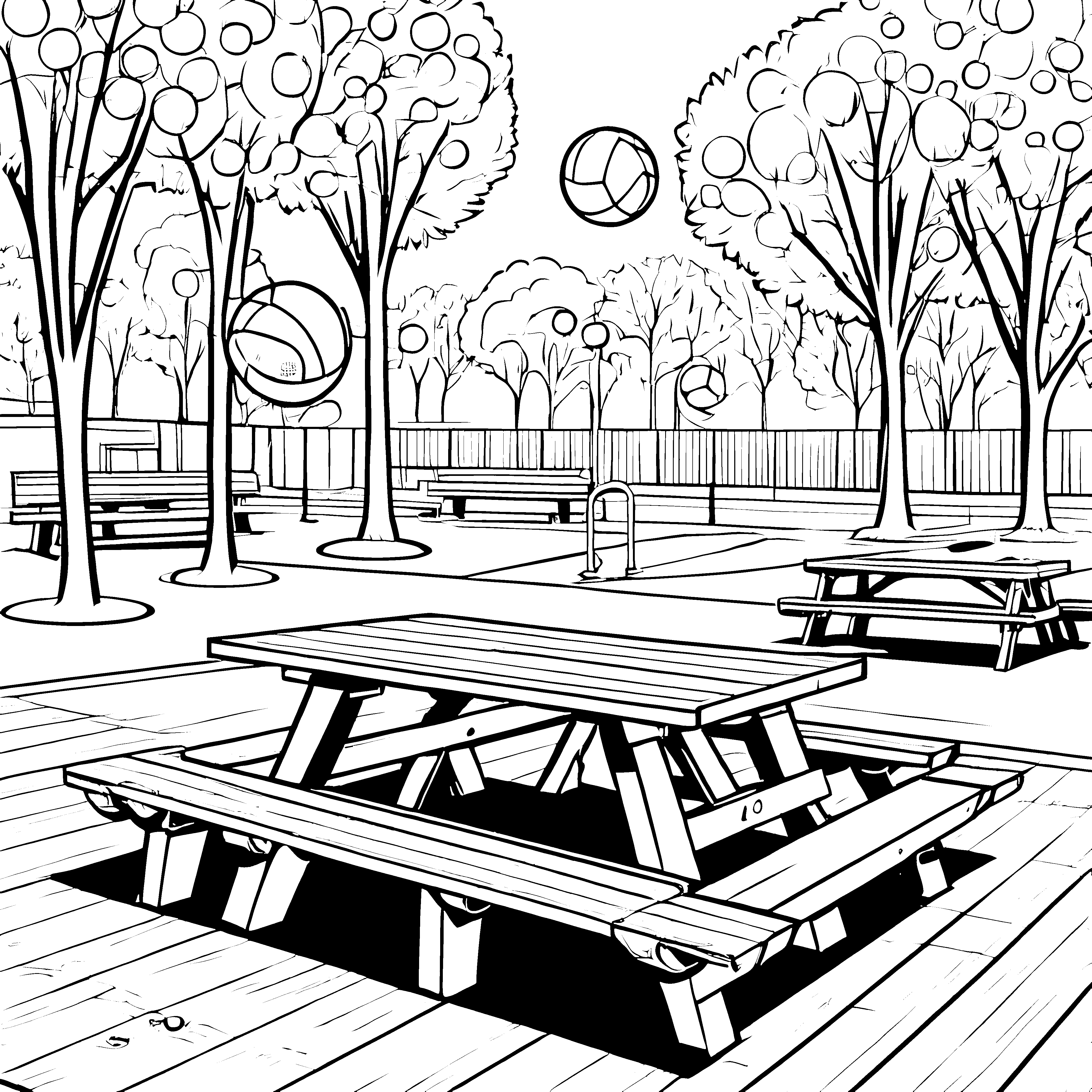 Fantasievolle Ballspiele im bunten Park Ausmalvorlage für kleine Bewegungsgenies
