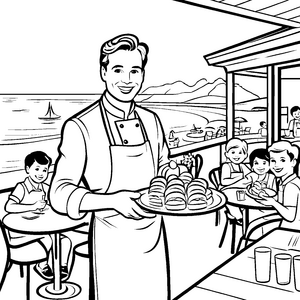 Schlendernder Kellner mit verführerischen Snacks Ausmalbild für kleine Gourmetfreunde