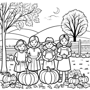 Kreative Kürbisse im bunten Herbstfeld Ausmalbild für fröhliche Entdeckerinnen