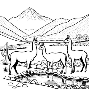 Drei neugierige Lamas am glitzernden Fluss Ausmalbild für kreative Entdecker