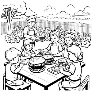Spaßiges Burger-Fest im Garten Ausmalbild für kleine Gourmets