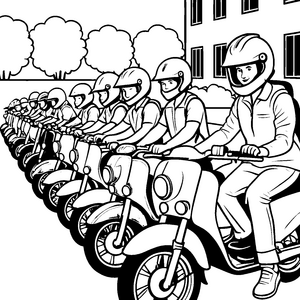 Rasante Moped-Rallye mit fröhlichen Fahrern Ausmalvorlage für lebhafte Abenteuerlustige