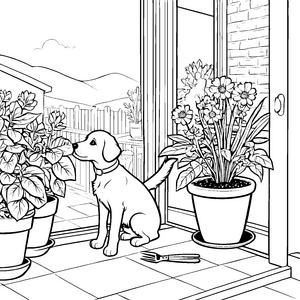 Harmonischer Hund im blühenden Blumenkübel Ausmalbild für neugierige Tierfreunde