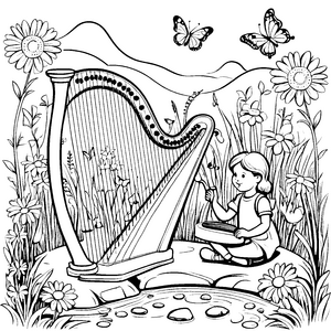 Melodische Harfe am glitzernden Teich Ausmalbild für träumerische Musikfreunde