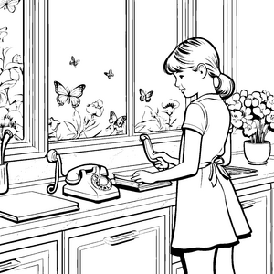 Kreatives Festnetztelefon im blühenden Blumenraum Ausmalmotiv für junge Kommunikationskünstler