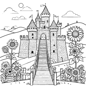 Majestätische Burg vor blühendem Sonnenblumenfeld Ausmalvorlage für junge Burgenliebhaber