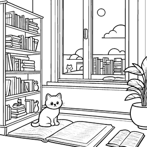Bücherschrank mit neugieriger Katze und offenen Geschichten Ausmalmotiv für fantasievolle Leseratten