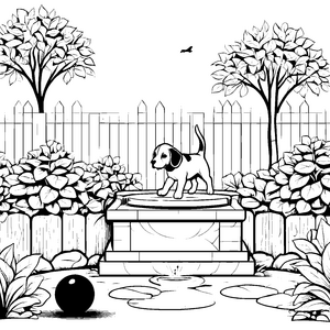 Beagle beim Spielen am Gartenbrunnen Ausmalvorlage für abenteuerlustige Tierfreunde