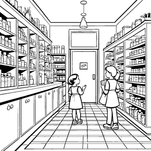 Kreative Apotheke mit vielen bunten Flaschen Ausmalbild für neugierige Entdecker