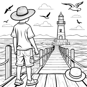 Strahlender Junge mit Hut am Leuchtturm Ausmalmotivation für kleine Seefahrer