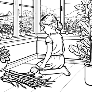 Yacon-Ernte im bunten Garten Ausmalvorlage für kleine Pflanzenfreunde