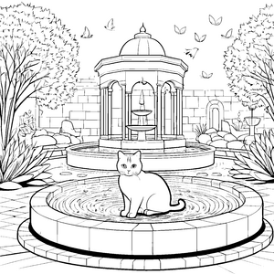 Wunderbare Britisch Kurzhaar Katze am sprudelnden Brunnen Ausmalbild für schlaue Tierentdecker