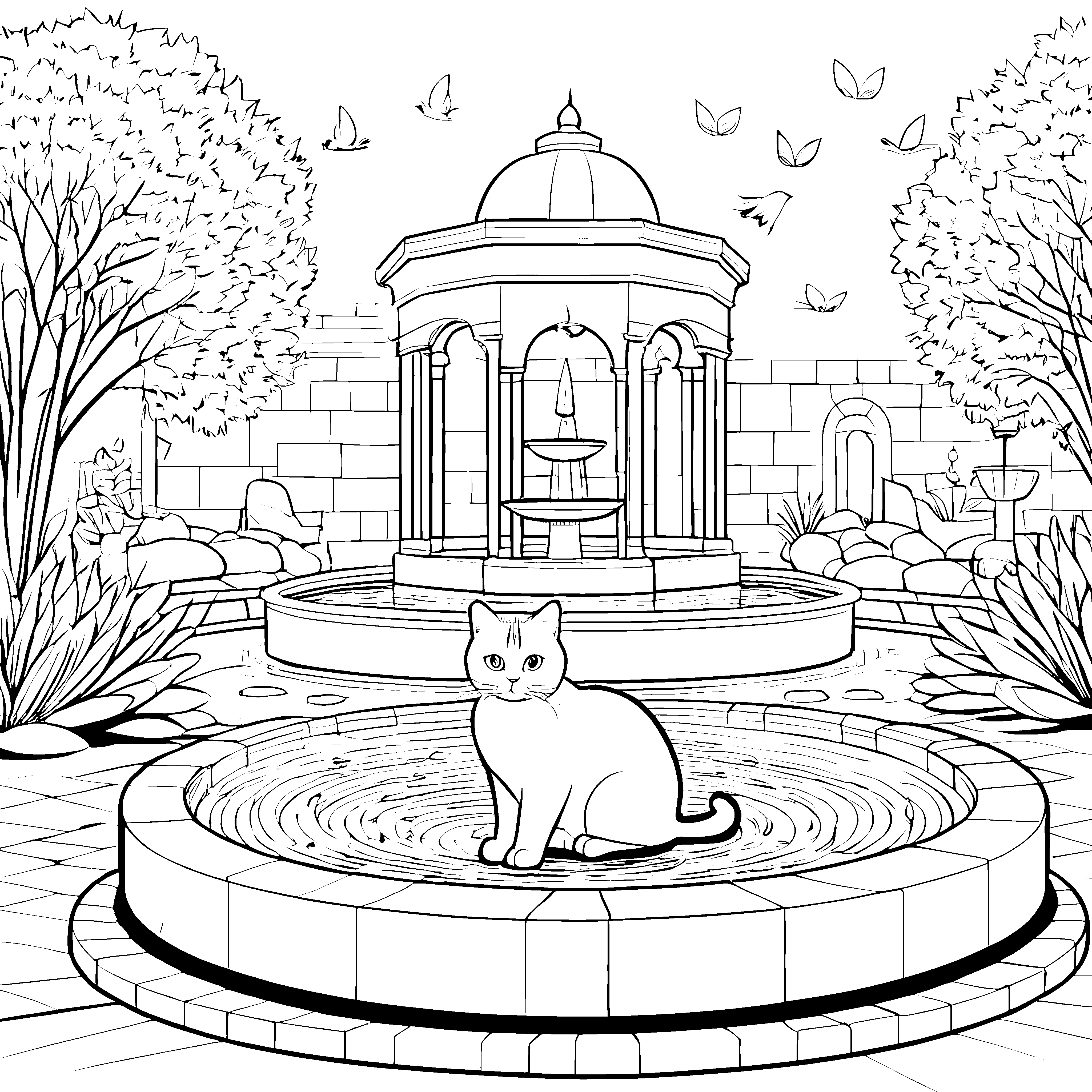 Wunderbare Britisch Kurzhaar Katze am sprudelnden Brunnen Ausmalbild für schlaue Tierentdecker