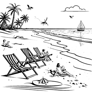 Entspannende Strandliegen unter Palmen Ausmalbild für sommerliche Träumer