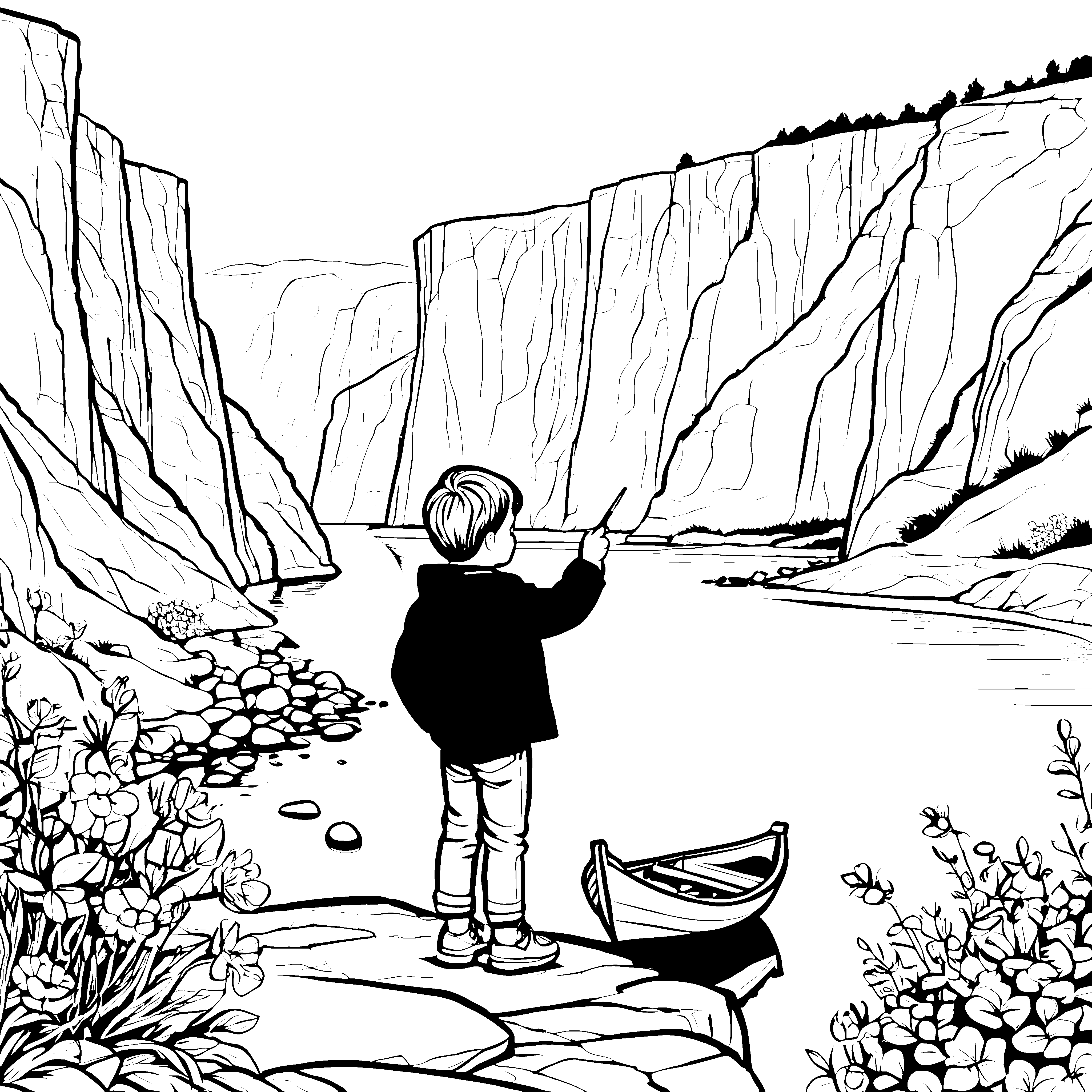 Bezaubernde Klippenlandschaft mit neugierigem Jungen Ausmalvorlage für kleine Naturforscher